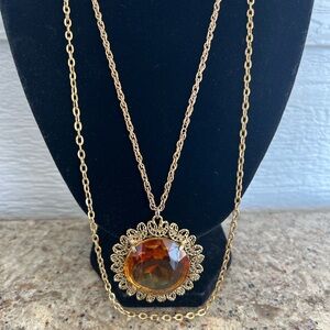 Vintage 60’s Sunburst Filigree Gold Amber Citrine faceted Glass Stone Necklace